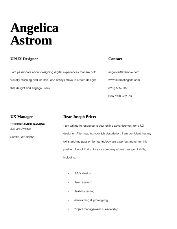 Classic UIUX designer cover letter